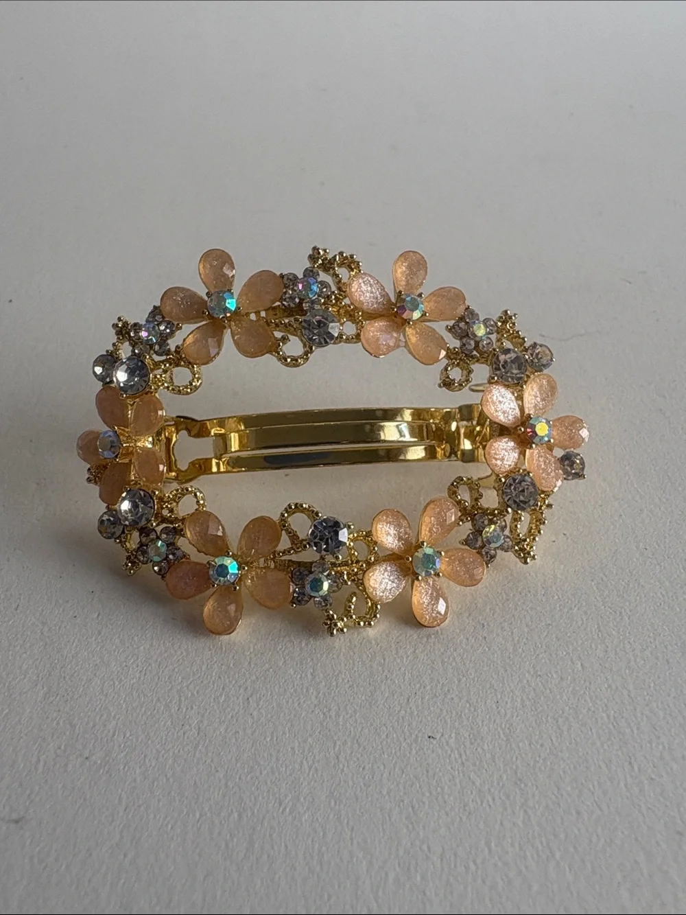 Gold Floral Hair Barrette Peach Flowers Crystal Rhinestone Accent